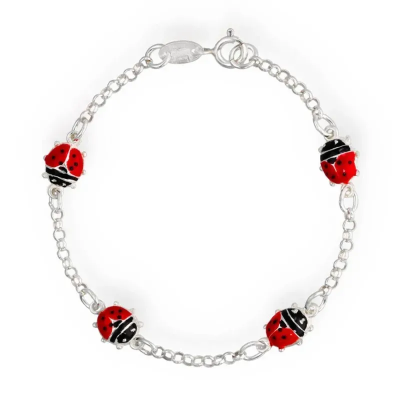 Pulsera en Plata de Ley 925m cadena rolo con mariquitas esmaltadas co
