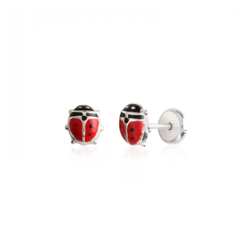 Pendientes en Plata de Ley 925m de 6 mm. mariquita esmaltada color