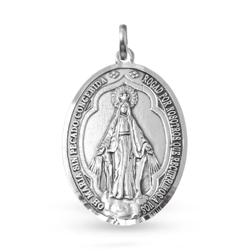 Virgen Milagrosa Medalla en Plata de Ley 925m maciza de 28 mm. ovalad