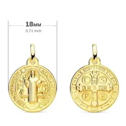 San Benito Medalla en Oro 9k de 18 mm. con cruz en la parte trasera