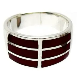Sortija plata Ley 925m talla 17,5 tramos rectangulares rojos [829]