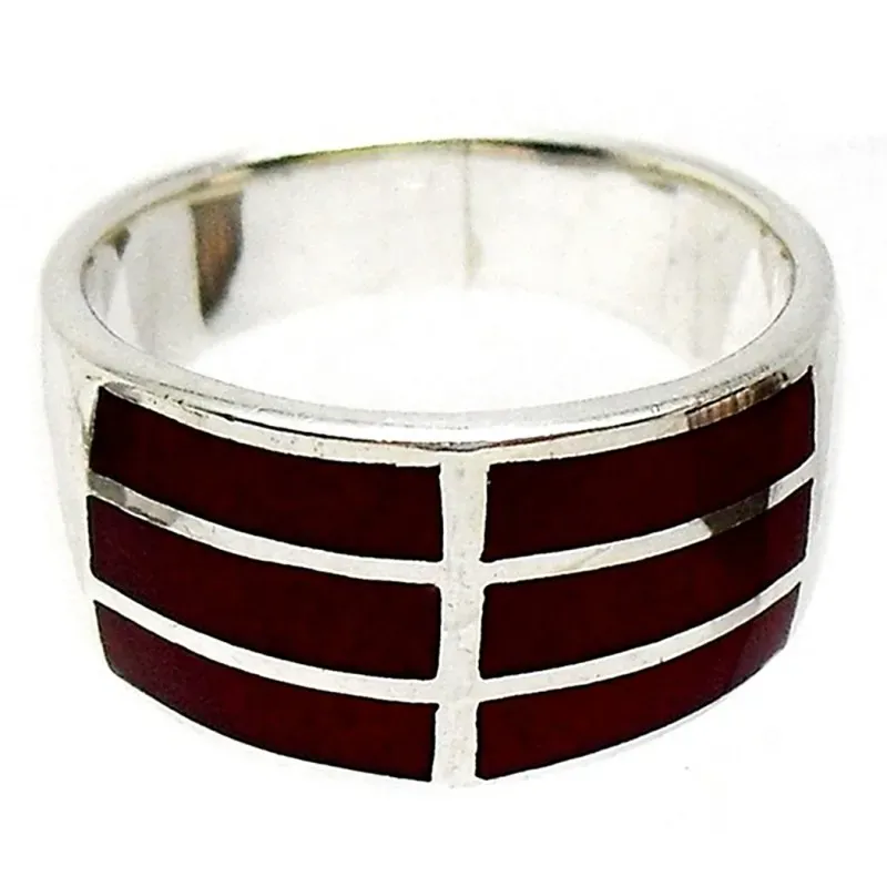 Sortija plata Ley 925m talla 17,5 tramos rectangulares rojos [829]