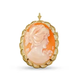 Alfiler colgante oro 18k camafeo 42mm. rostro mujer fondo naranja cierre seguridad