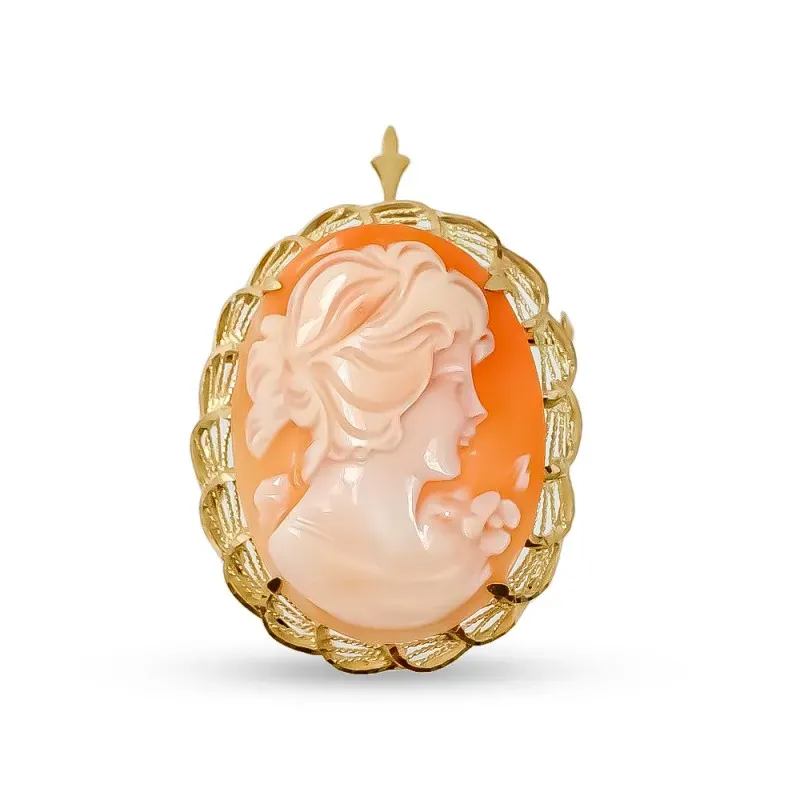 Alfiler colgante oro 18k camafeo 42mm. rostro mujer fondo naranja cierre seguridad
