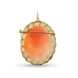 Alfiler colgante oro 18k camafeo 42mm. rostro mujer fondo naranja cierre seguridad