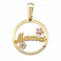 Colgante oro 18k madre redondo cerco flor esmaltado circonita [6436]