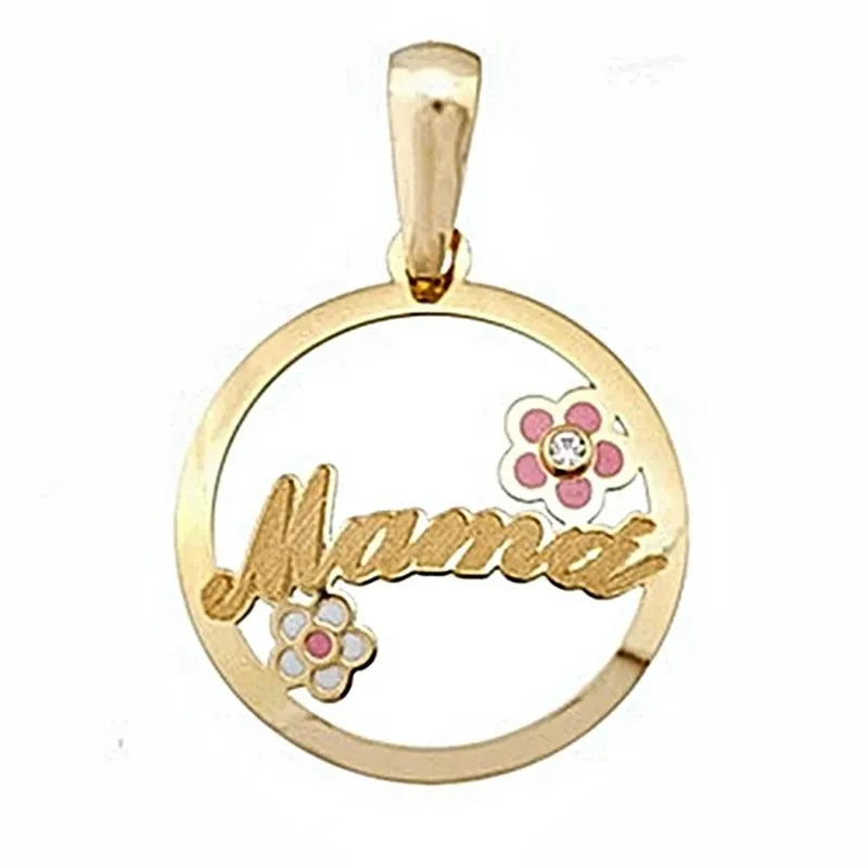 Colgante oro 18k madre redondo cerco flor esmaltado circonita [6436]