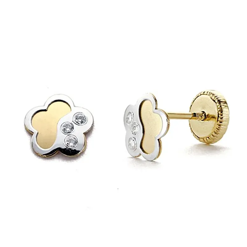 Pendientes oro 18k bicolor flor circonitas 6mm. cierre tuerca [7709]
