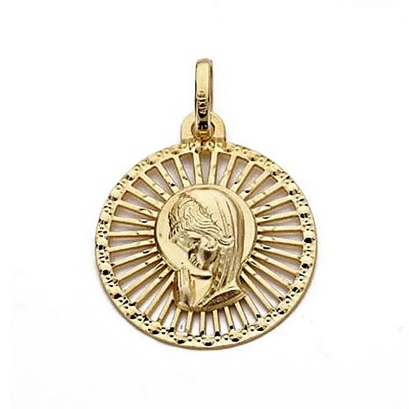 Medalla oro 18k Virgen Niña 20mm. redonda calada [9024]