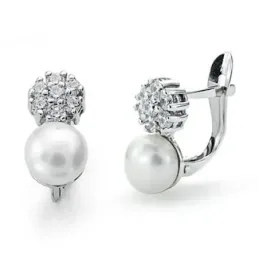 Pendientes oro blanco 18k perla 6mm. circonitas comunión [9050P]