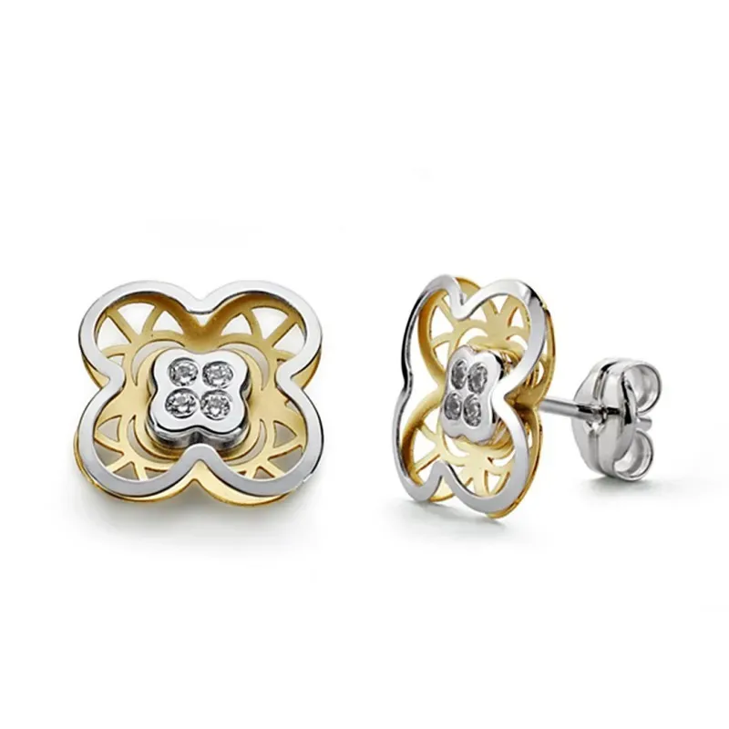 Pendientes oro 18k bicolor trébol circonitas 9mm. [AA0354]