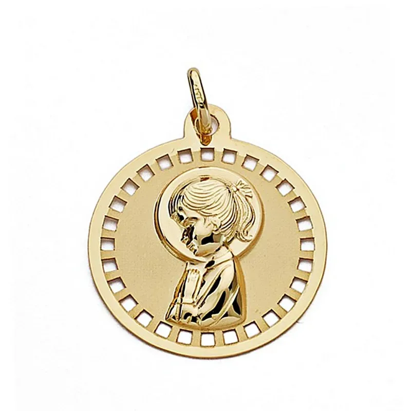 Medalla oro 18k Virgen Niña 18mm. circular calada [9033]