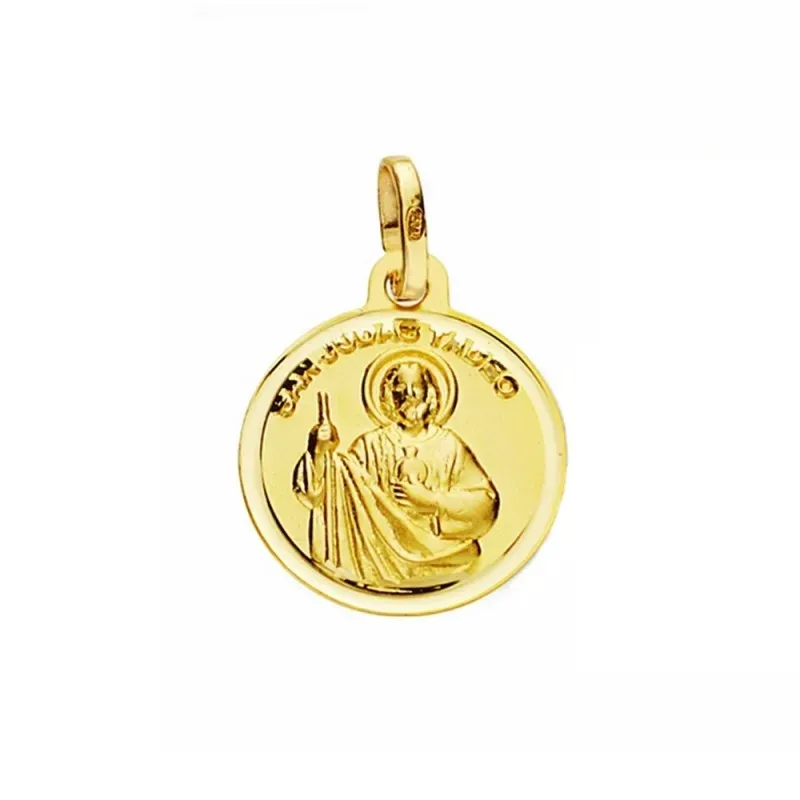 Medalla oro 18k San Judas Tadeo 14mm. lisa bisel [AA2666]