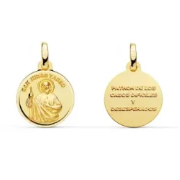 Medalla oro 18k San Judas Tadeo 14mm. lisa bisel [AA2666]