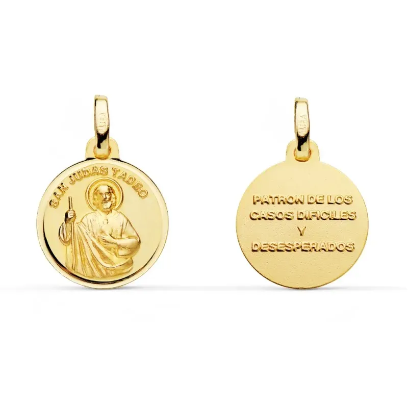 Medalla oro 18k San Judas Tadeo 14mm. lisa bisel [AA2666]