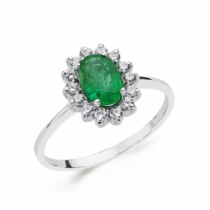 Sortija oro blanco 18k esmeralda 5mm. circonitas [AA2223]