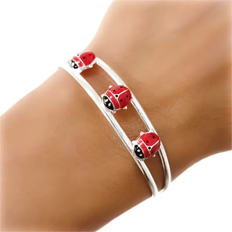 Brazalete plata ley 925m abierto mariquitas esmaltadas [AB0556]