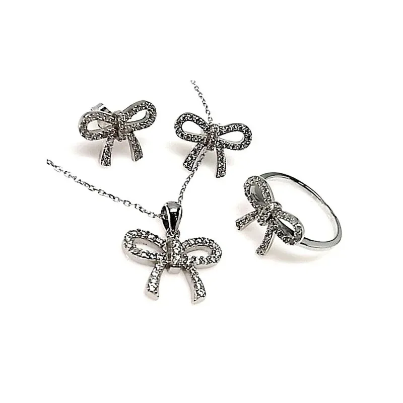 Juego plata Ley 925m lazo rodiado piedras circonitas blancas [AB0849]