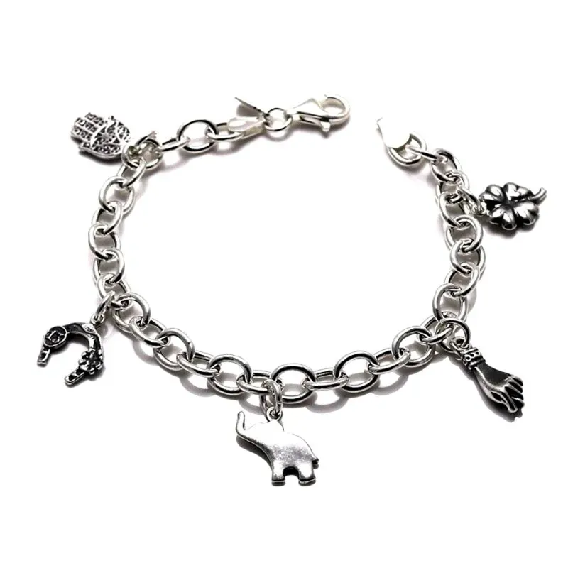 Pulsera plata Ley 925m fetiches 19.5cm. motivos suerte [AB0969]