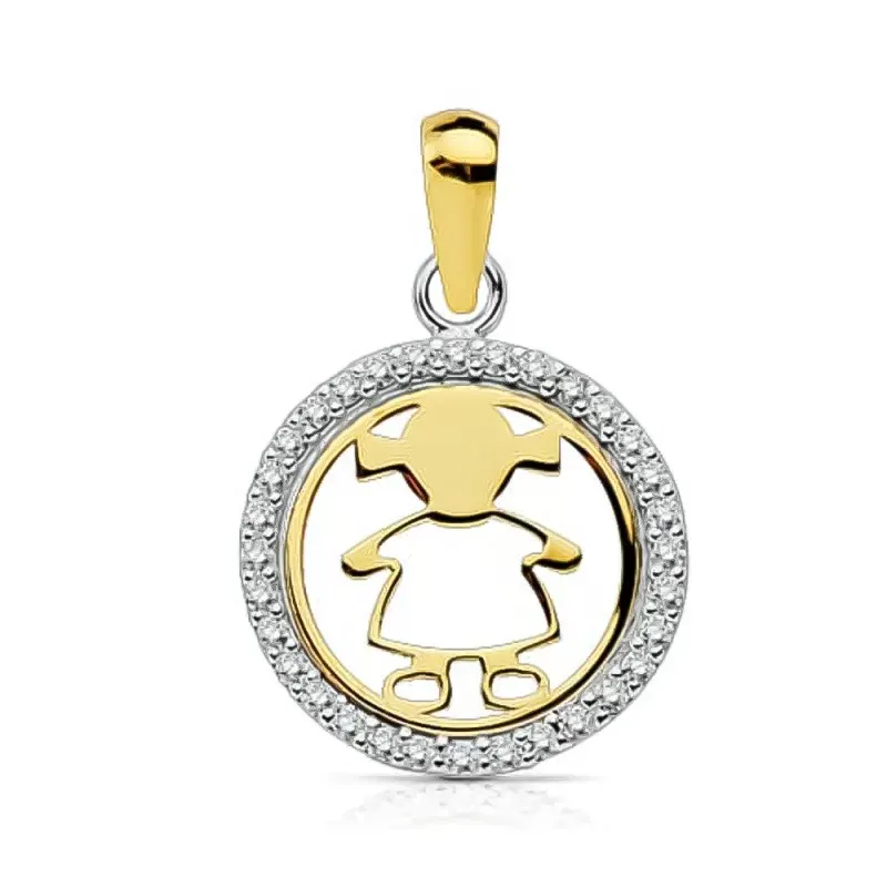 Colgante oro 18k silueta niña multipiedra 13mm. [AB2896]
