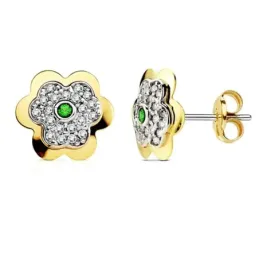 Pendientes oro 18k flor 6 hojas esmeralda circonita 6mm. [AB2960]