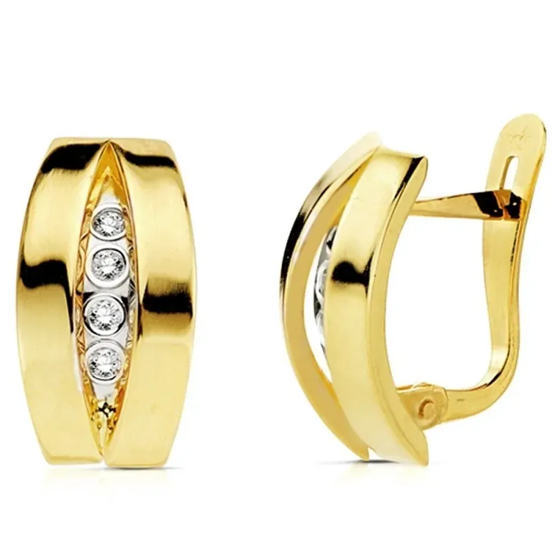 Pendientes oro 18k bicolor bandas con circonita 14mm. [AB2971]