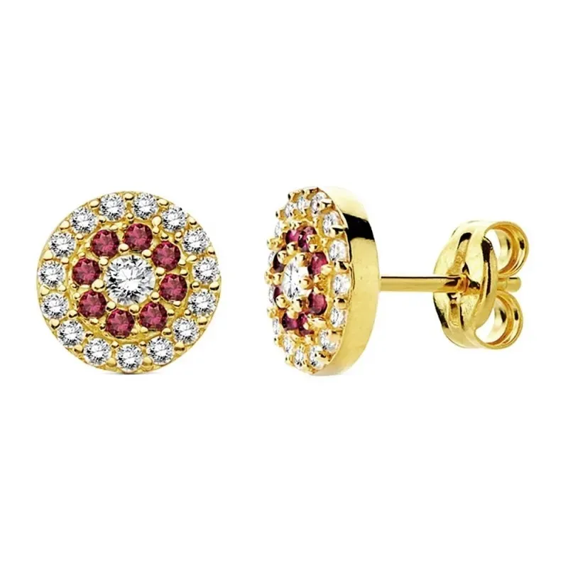 Pendientes oro 18k piedras rojas circonita 7mm. [AB3330]