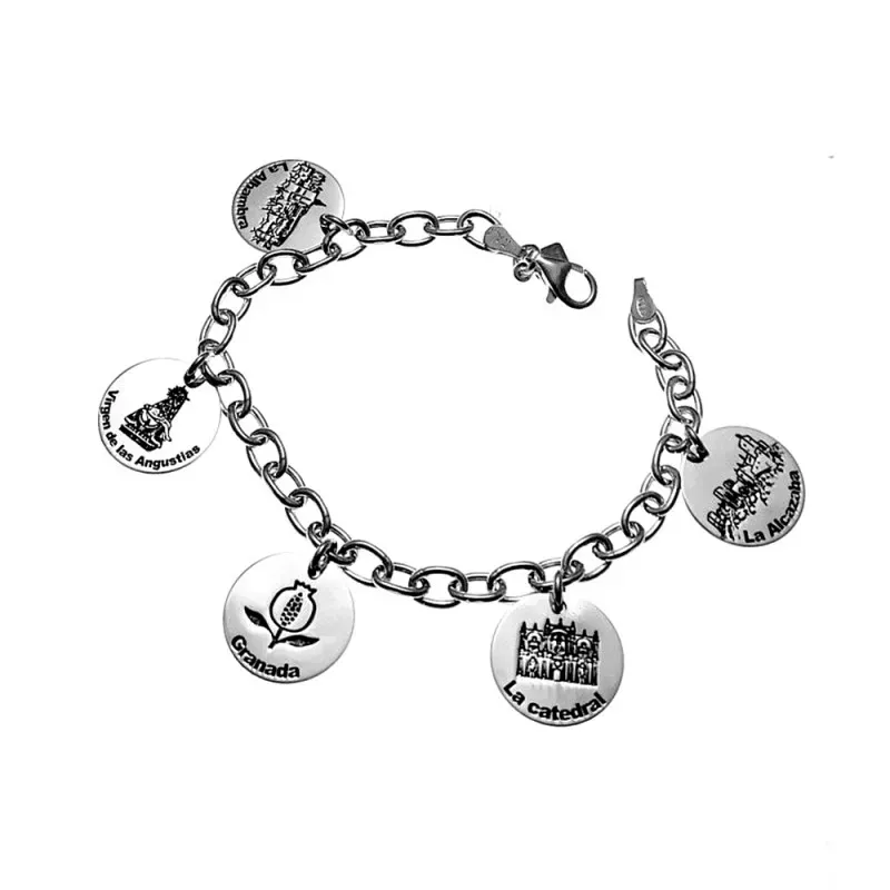 Pulsera plata Ley 925m asas motivos discos 15 mm. Granada [AB4302]