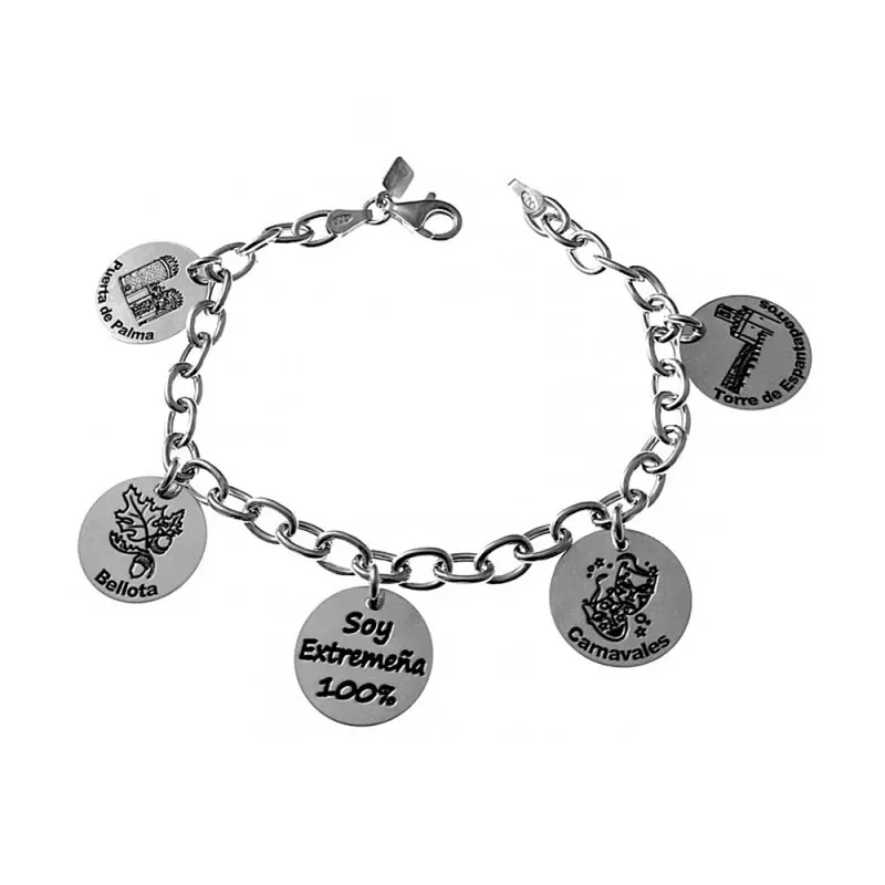 Pulsera plata Ley 925m Badajoz asas motivos discos 15 mm. [AB4308]