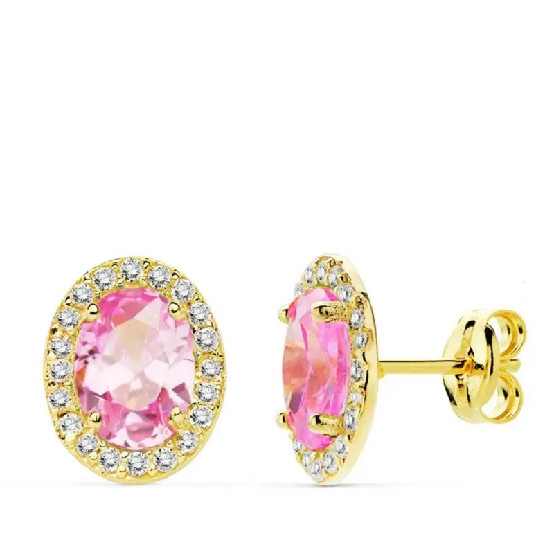 Pendientes oro 18k 10mm. centro piedra rosa circonitas [AB4759]
