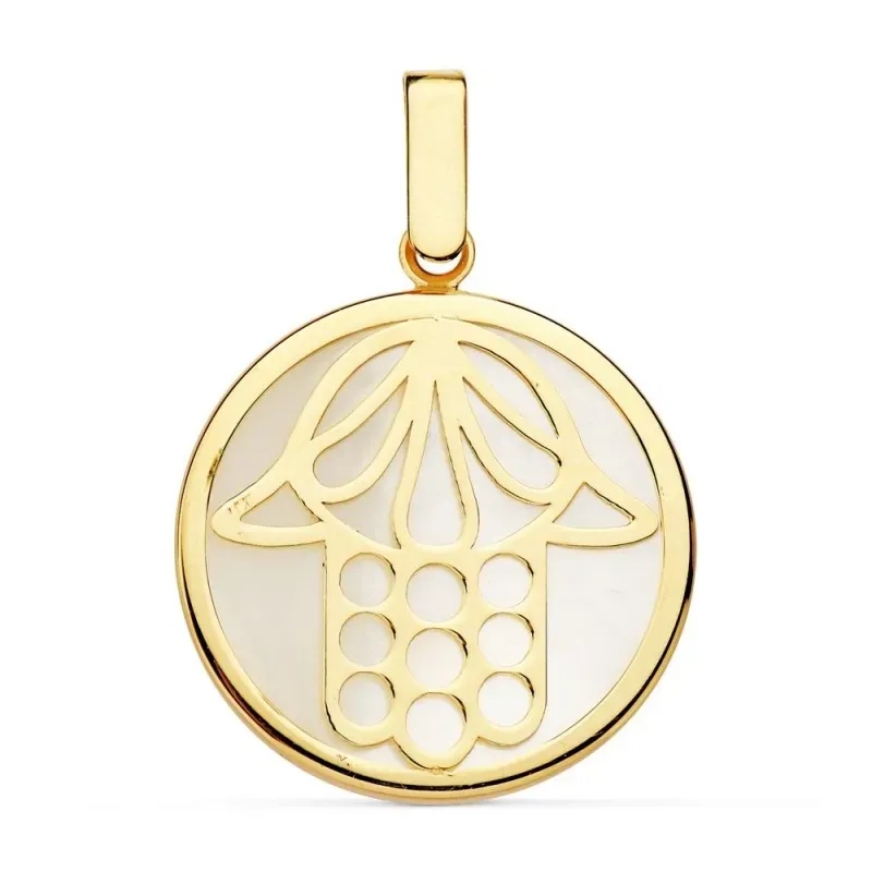 Colgante oro 18k mano de Fátima 20mm. nácar cerco [AB8833]