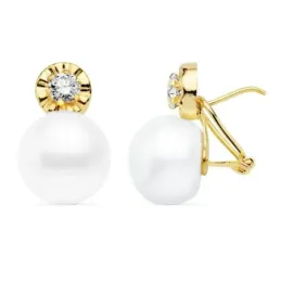Pendientes oro 18k 18mm. perla cultivada botón circonita [AB8919]
