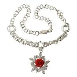 Gargantilla plata Ley 925m 45cm. motivo rosa roja hojas [AB9062]