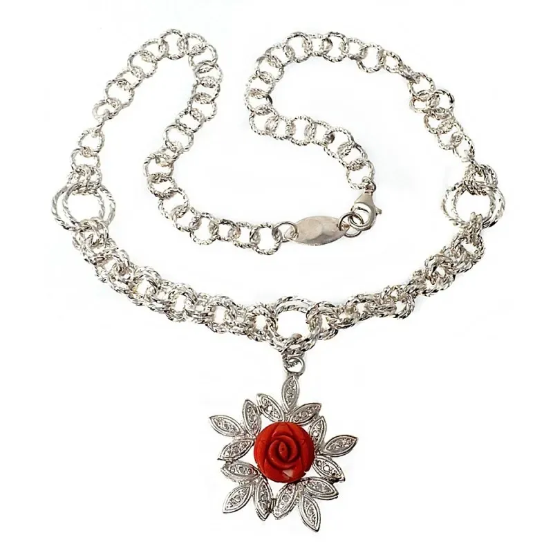 Gargantilla plata Ley 925m 45cm. motivo rosa roja hojas [AB9062]