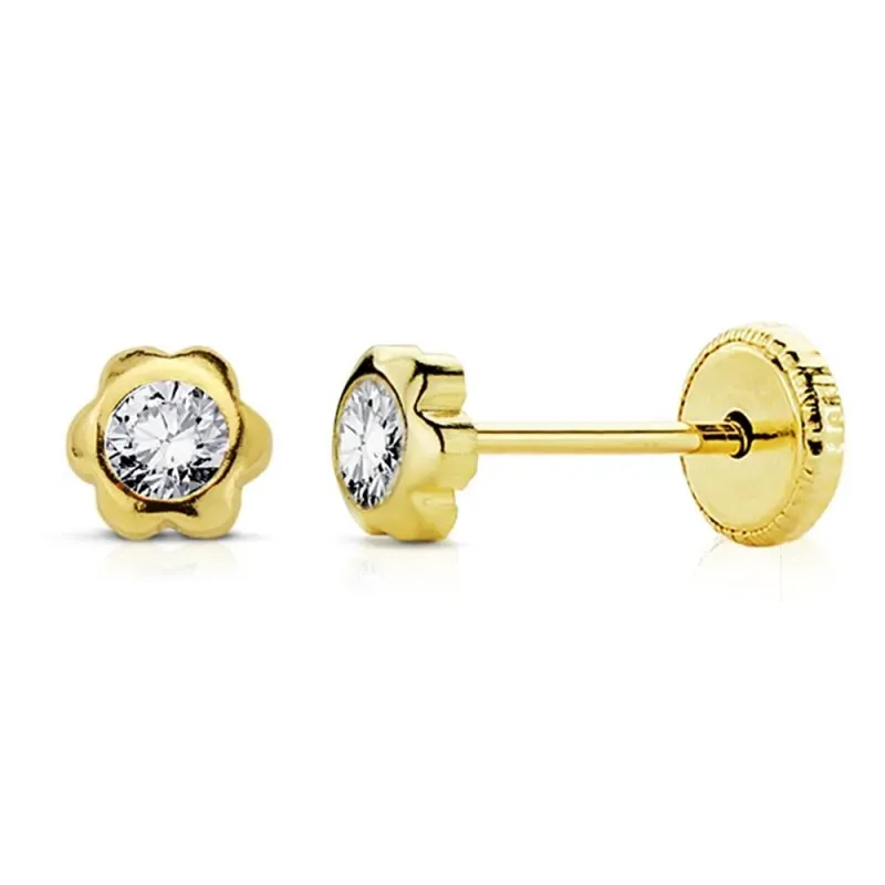 Pendientes oro 18k niña 4mm. motivo margarita lisa circonita [AB9387]