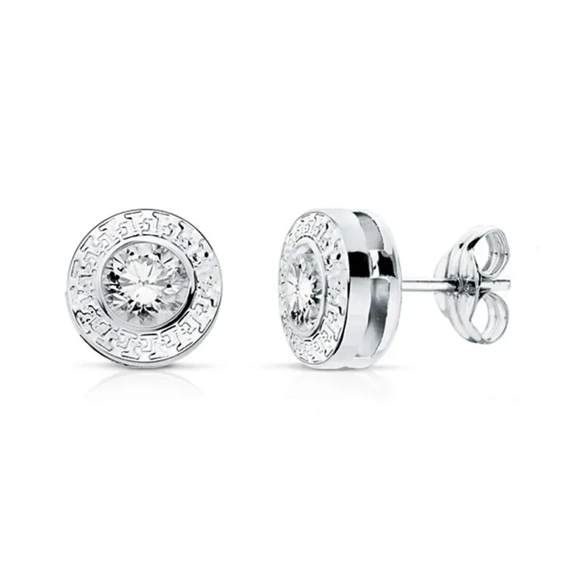 Pendientes oro 18k blanco 7mm. chatón greca circonita 4.5mm. [AB9399]