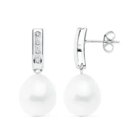 Pendientes oro 18k blanco perlas cultivadas banda circonitas [AB9403]