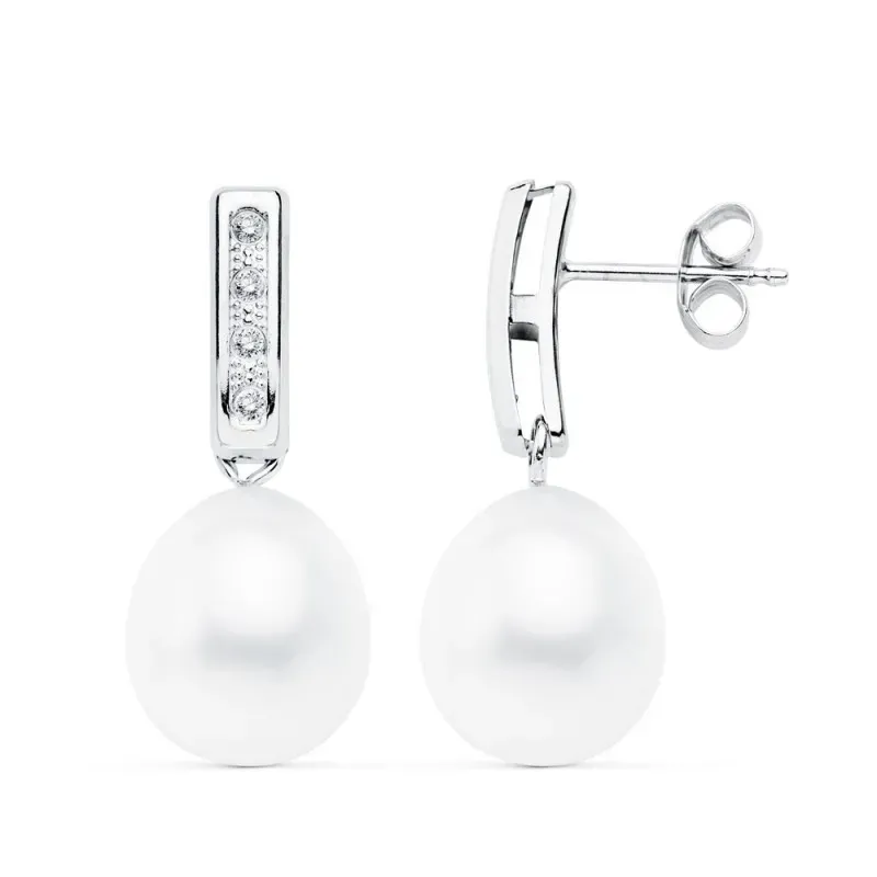 Pendientes oro 18k blanco perlas cultivadas banda circonitas [AB9403]