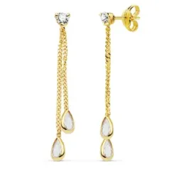 Pendientes oro 18k largos 33mm. doble cadena piedras lágrimas [AC0127]