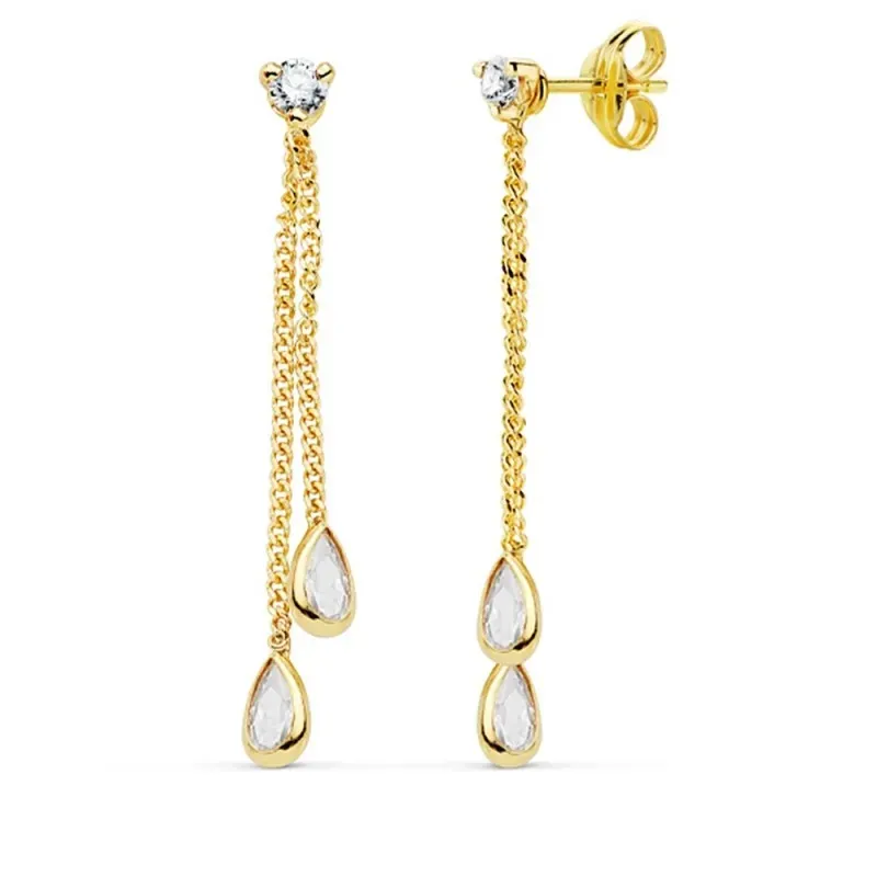 Pendientes oro 18k largos 33mm. doble cadena piedras lágrimas [AC0127]