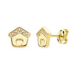 Pendientes oro 18k casita 7mm. circonitas tejado corazón [AC0936]