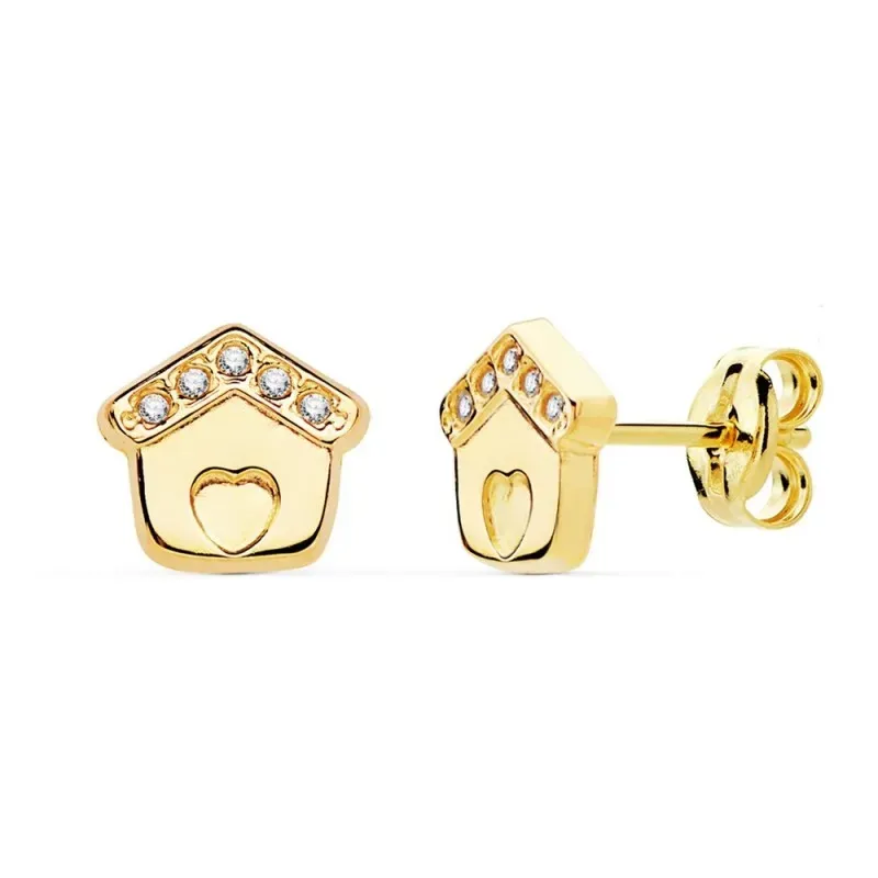 Pendientes oro 18k casita 7mm. circonitas tejado corazón [AC0936]