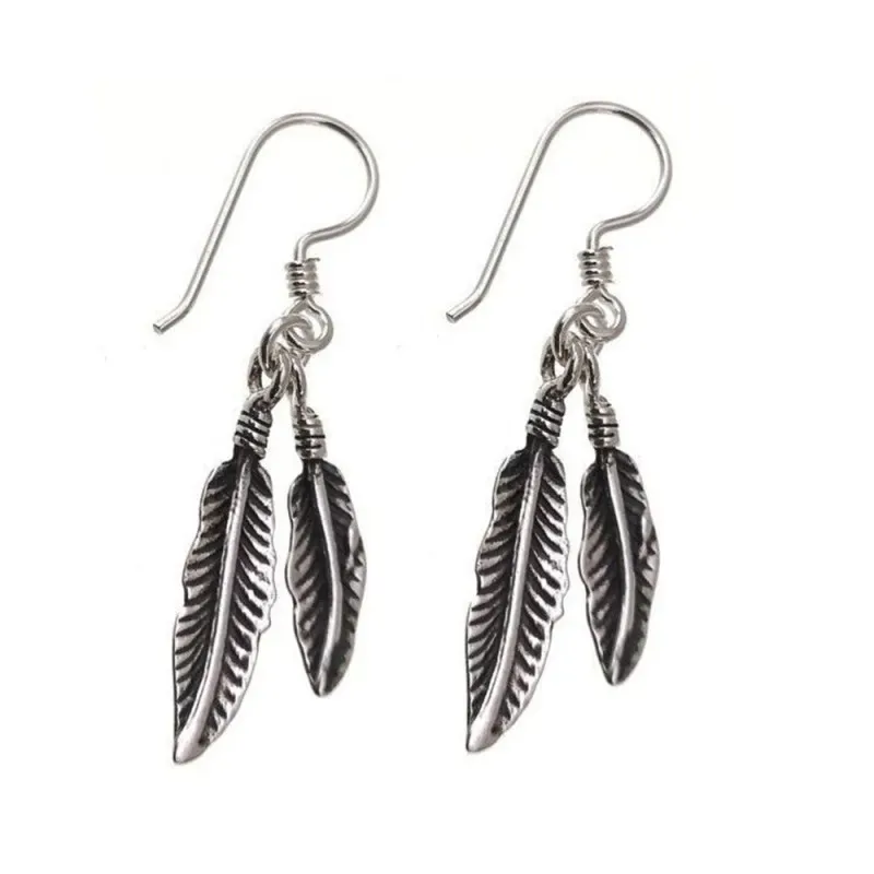 Pendientes plata Ley 925m oxidada largos 40mm. motivo plumas cierre hippie mujer [AC1267]