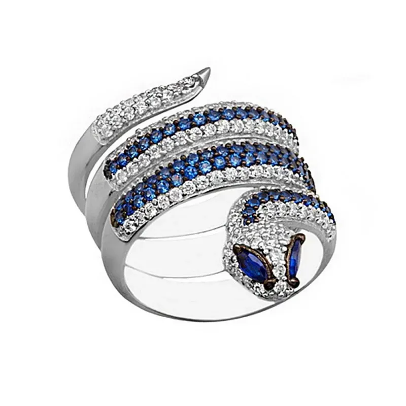 Sortija plata Ley 925m mujer serpiente reliada piedras azules circonitas