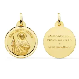 Medalla oro 18k San Judas Tadeo 20mm. bisel trasera PATRÓN DE LOS CASOS DIFÍCILES Y DESESPERADOS