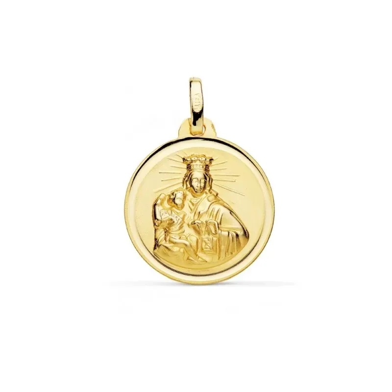 Medalla oro 18k escapulario 18mm. Virgen del Carmen Corazón de Jesús bisel