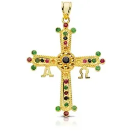 Colgante oro 9k cruz de Covadonga 40mm. piedras finas esmeralda rubí zafiro Alfa Omega