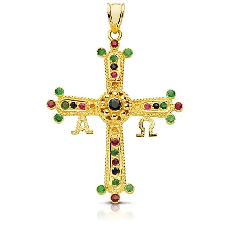 Colgante oro 9k cruz de Covadonga 40mm. piedras finas esmeralda rubí zafiro Alfa Omega