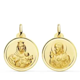 Medalla oro 18k colgante escapulario 22mm. Virgen del Carmen Corazón de Jesús bisel unisex