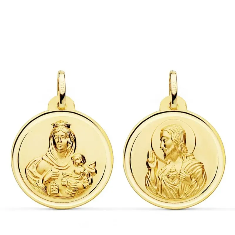 Medalla oro 18k colgante escapulario 22mm. Virgen del Carmen Corazón de Jesús bisel unisex